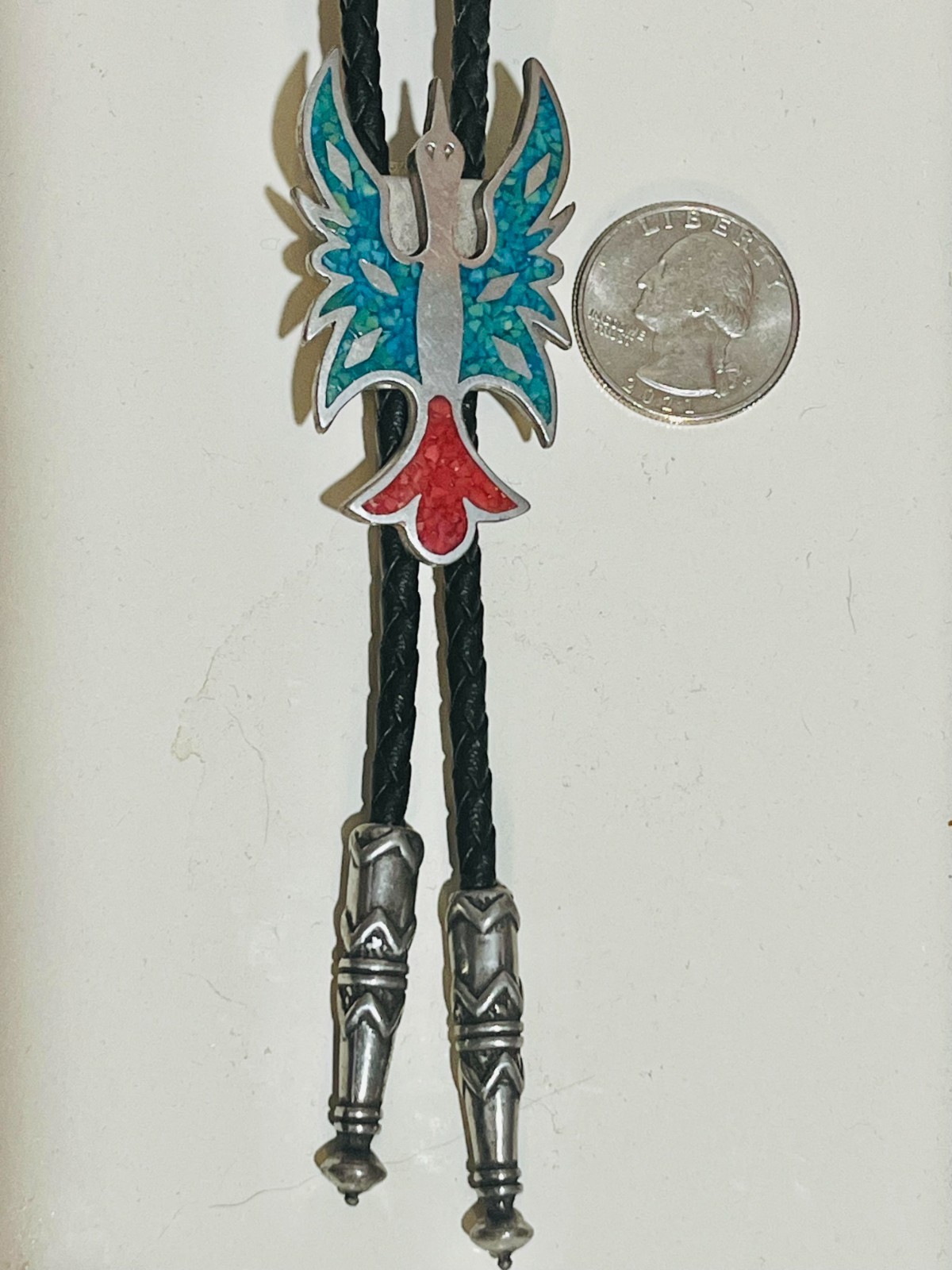Vintage Western Turquoise Silver Peyote Bird Bolo Tie