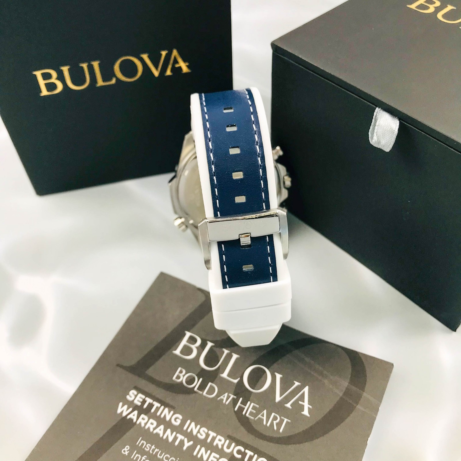 Bulova Marine Star 96B287 Blue Dial Chrono Silicone Strap Mens Quartz Watch 43mm