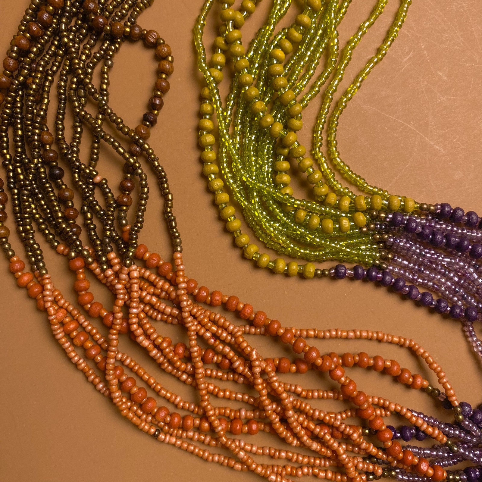 Tribal Boho Earth Tone Multi Strand Glass Wood Seed Beaded Torsade Necklace