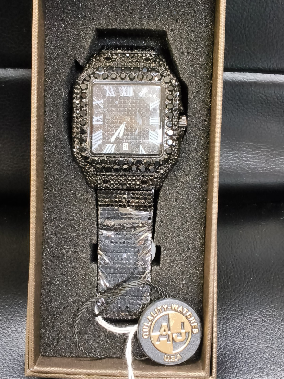AJ Black Iced Out Cartie Style Men’s Watch 43mm Date Black Crystal…