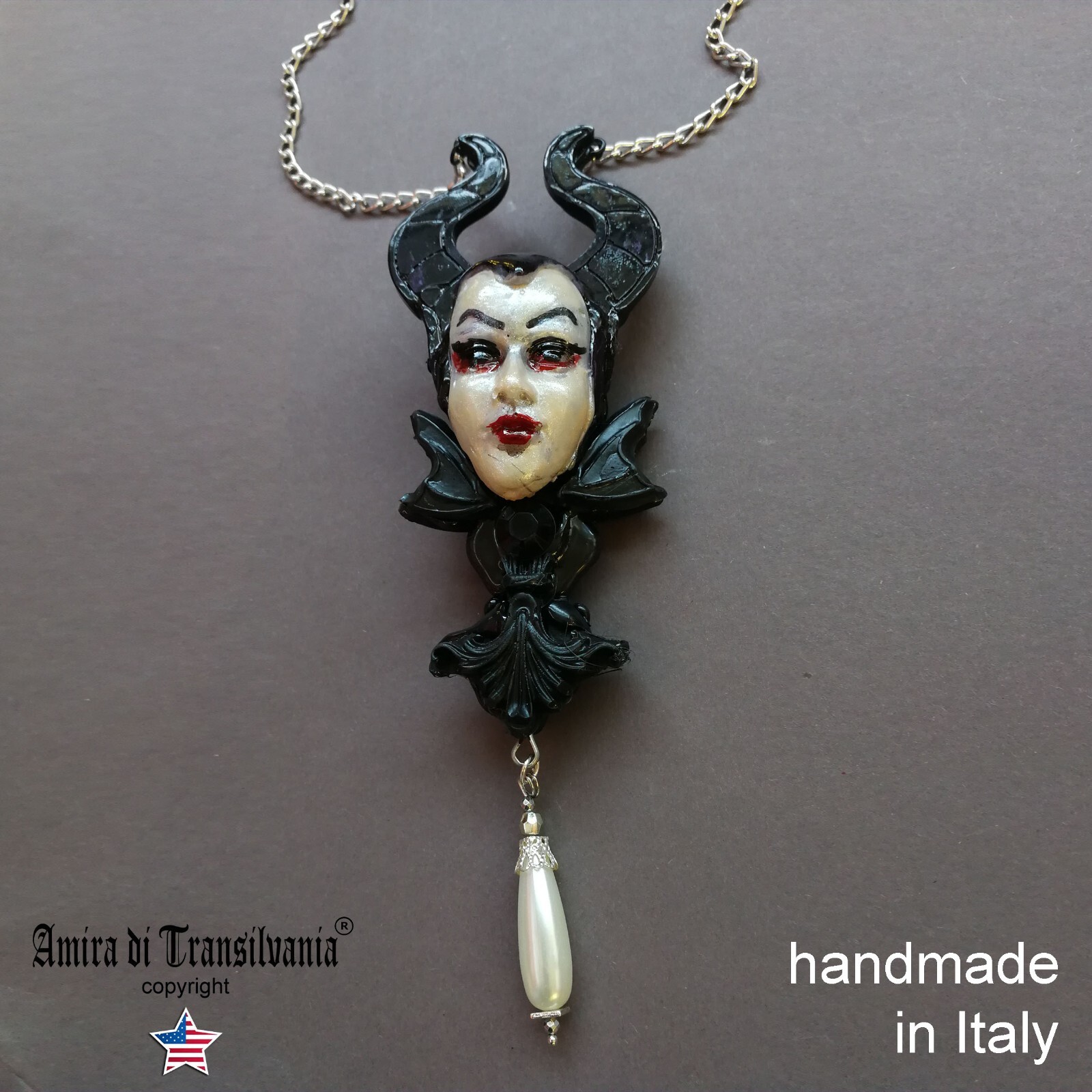 Maleficent Walt Disney Pin Figure Horn Talisman Necklace Pendant Charm Jewelry