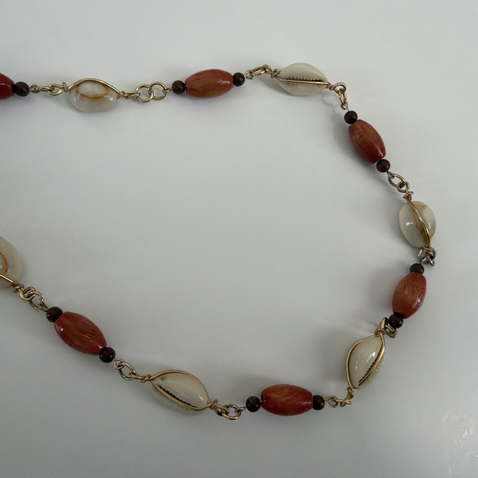 Vintage Cowrie Shell Wood Bead Long Necklace Coastal Beach Boho Resort Jewelry