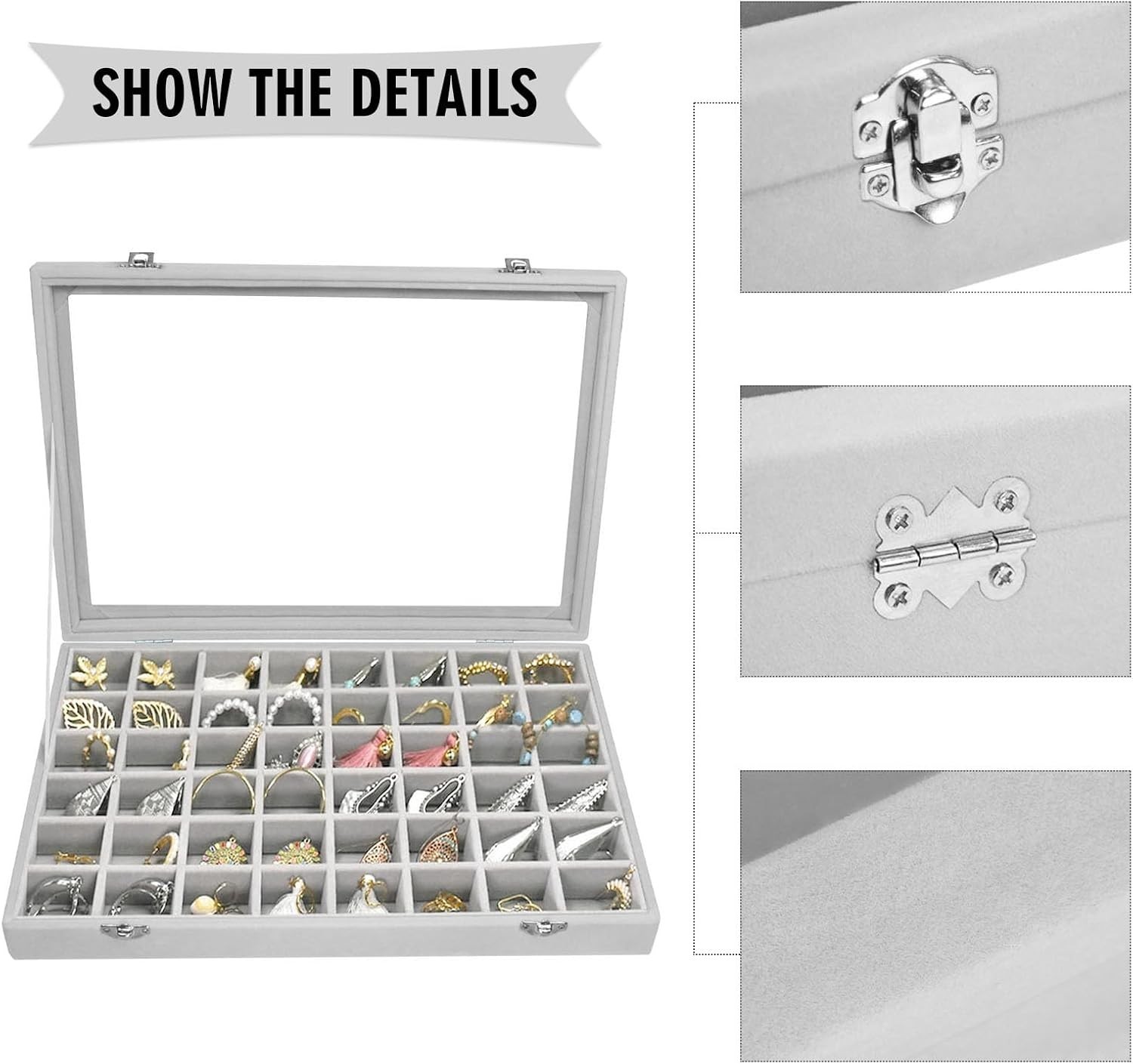 48 Grid Velvet Jewelry Tray Display Organizer Box with Transparent Lid