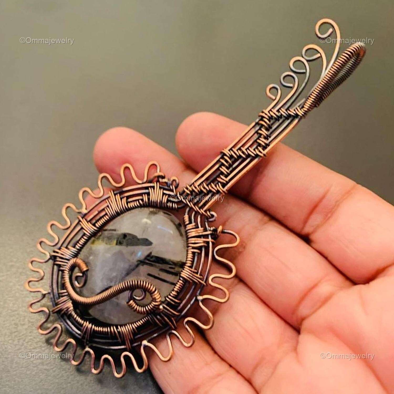 Rutile Quartz Gemstone Artisan Wire Wrap Ethnic Guitar Mother New Pendant Copper