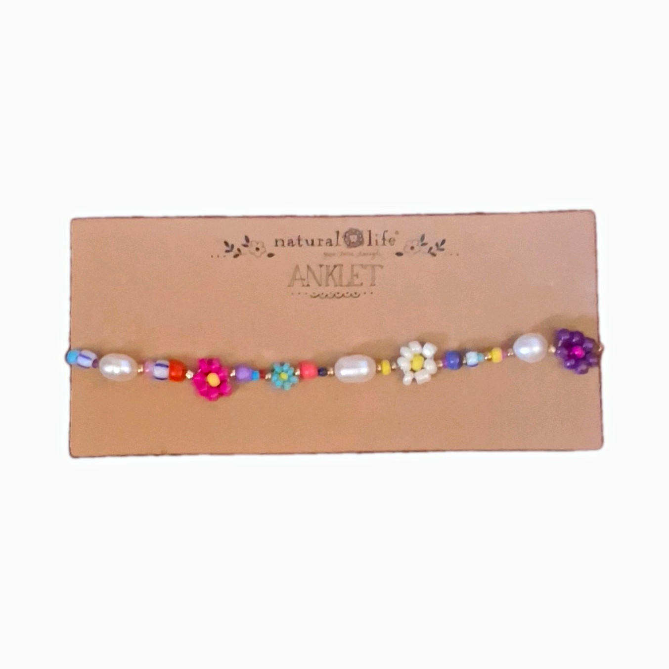 Natural Life Multicolor Beaded Flower Charm Anklet w/ White Round Pearl