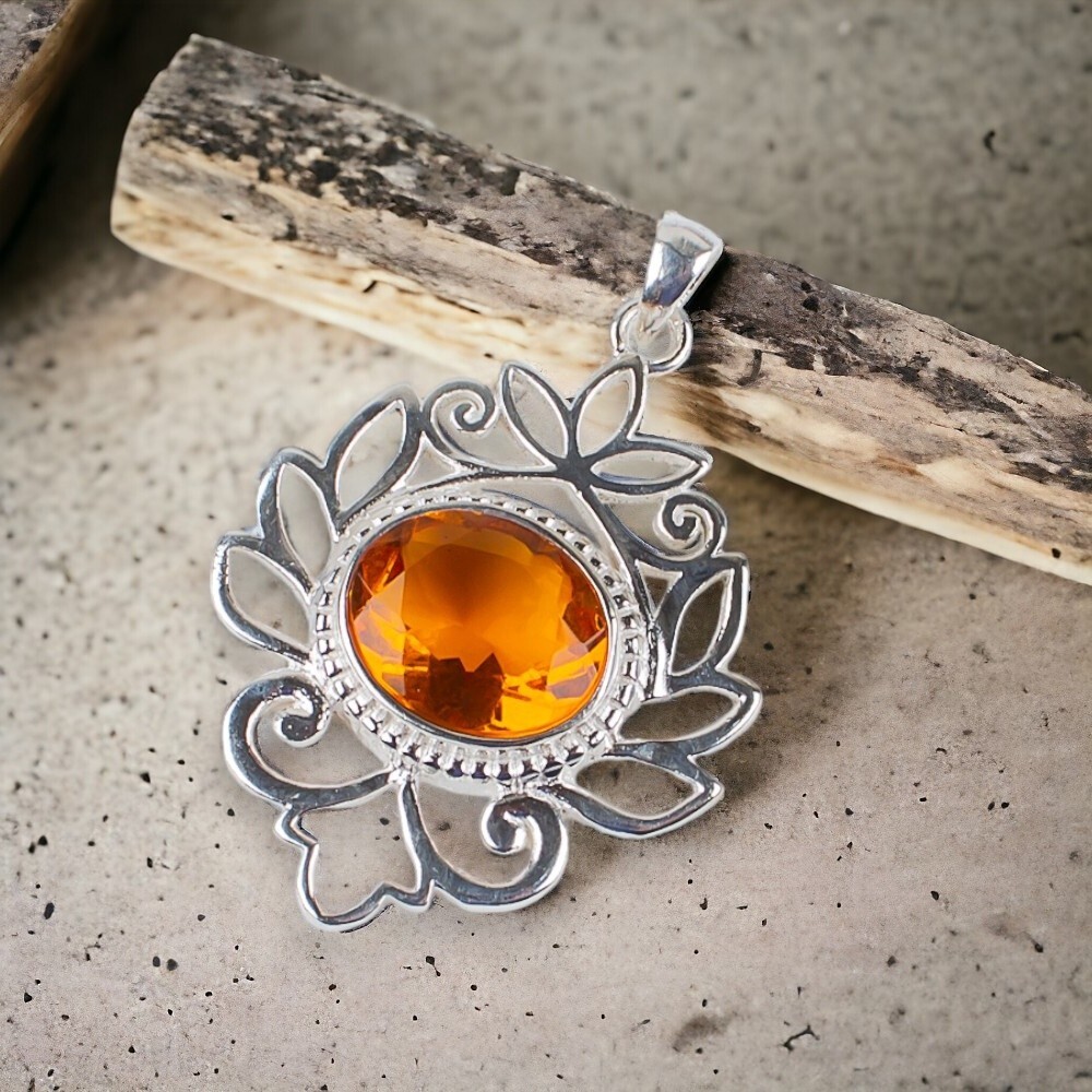 Natural Citrine Gemstone 925 Silver Jewelry Boho Pendant 1.48″ For Girlfriend