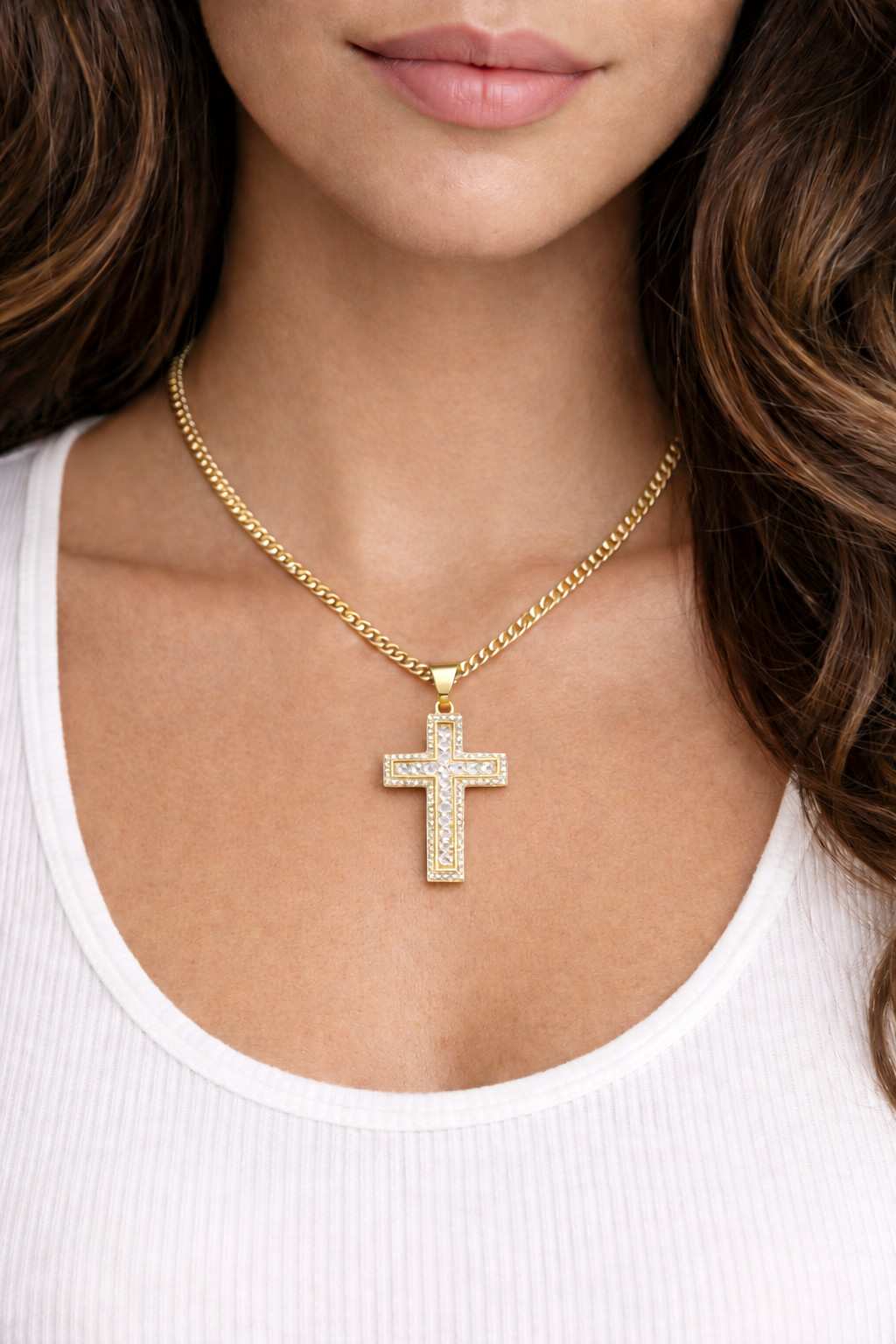 Italian 1/200 14k Yellow Gold Two Row CZ Catholic Cross Religious Pendant