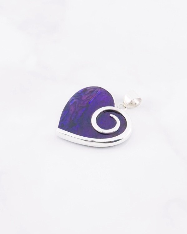 Purple Abalone Paua Shell Heart 925 Sterling Silver Handmade Pendant Necklace