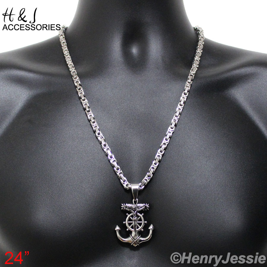 24″MEN Stainless Steel 6mm Silver Box Link Chain Anchor JESUS Cross Pendant*P58