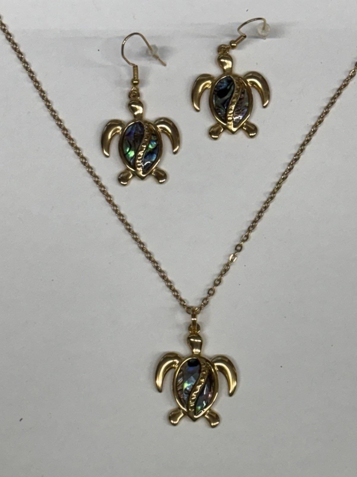 Turtle Gold Abalone Necklace Earrings Set Dangle Hook Coastal Sea Jewelry NEW