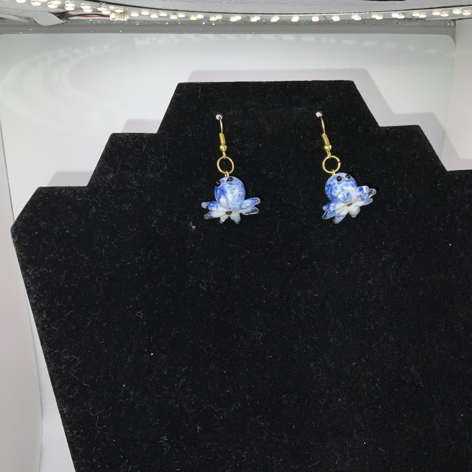 Blue & White Octopus Glass Earrings W/ Backs. Homemade 14k Extra Plated Gold New