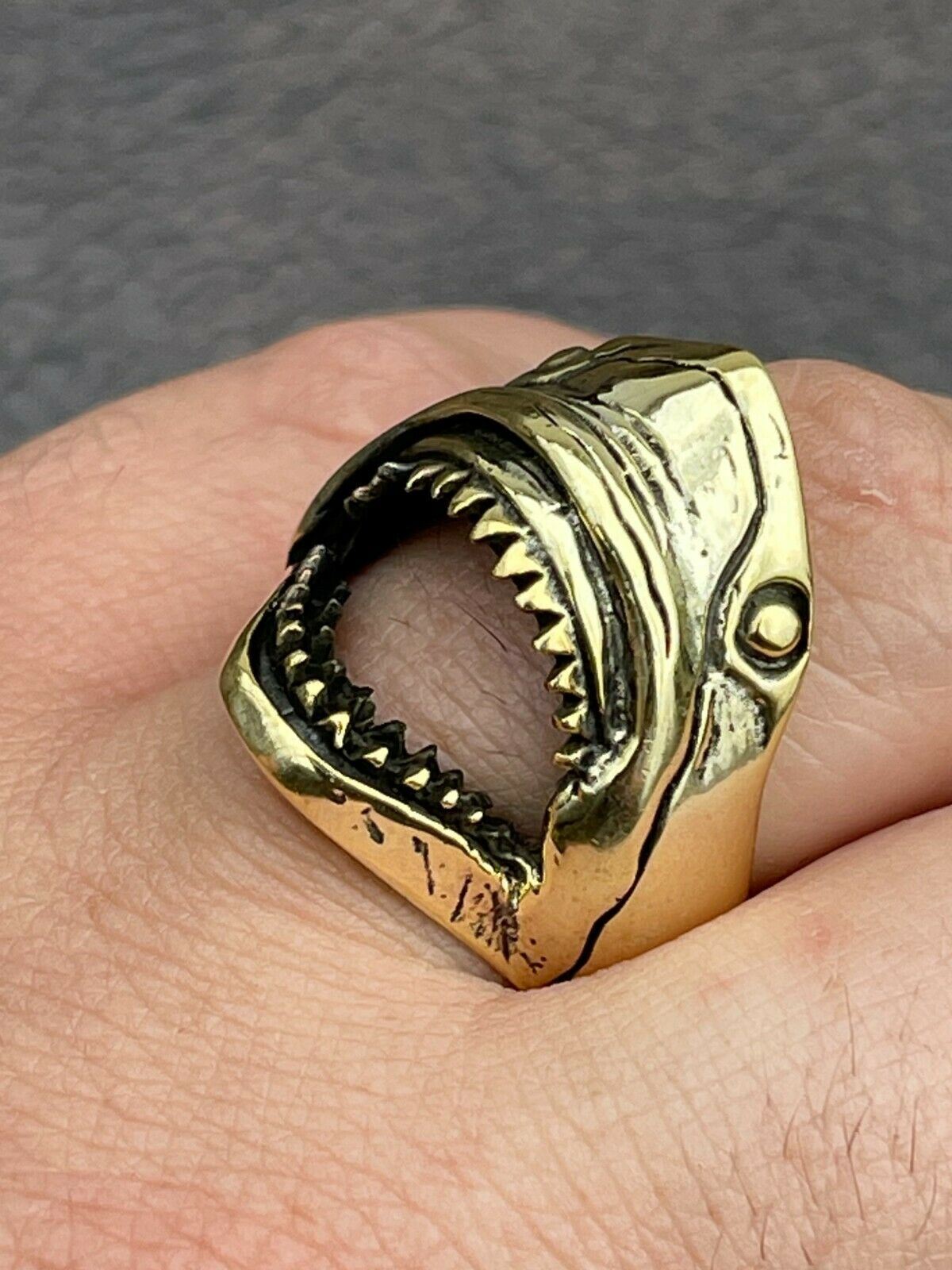 Real 14k Gold Plated 925 Sterling Silver Mens Great White Shark Teeth JAWS Ring