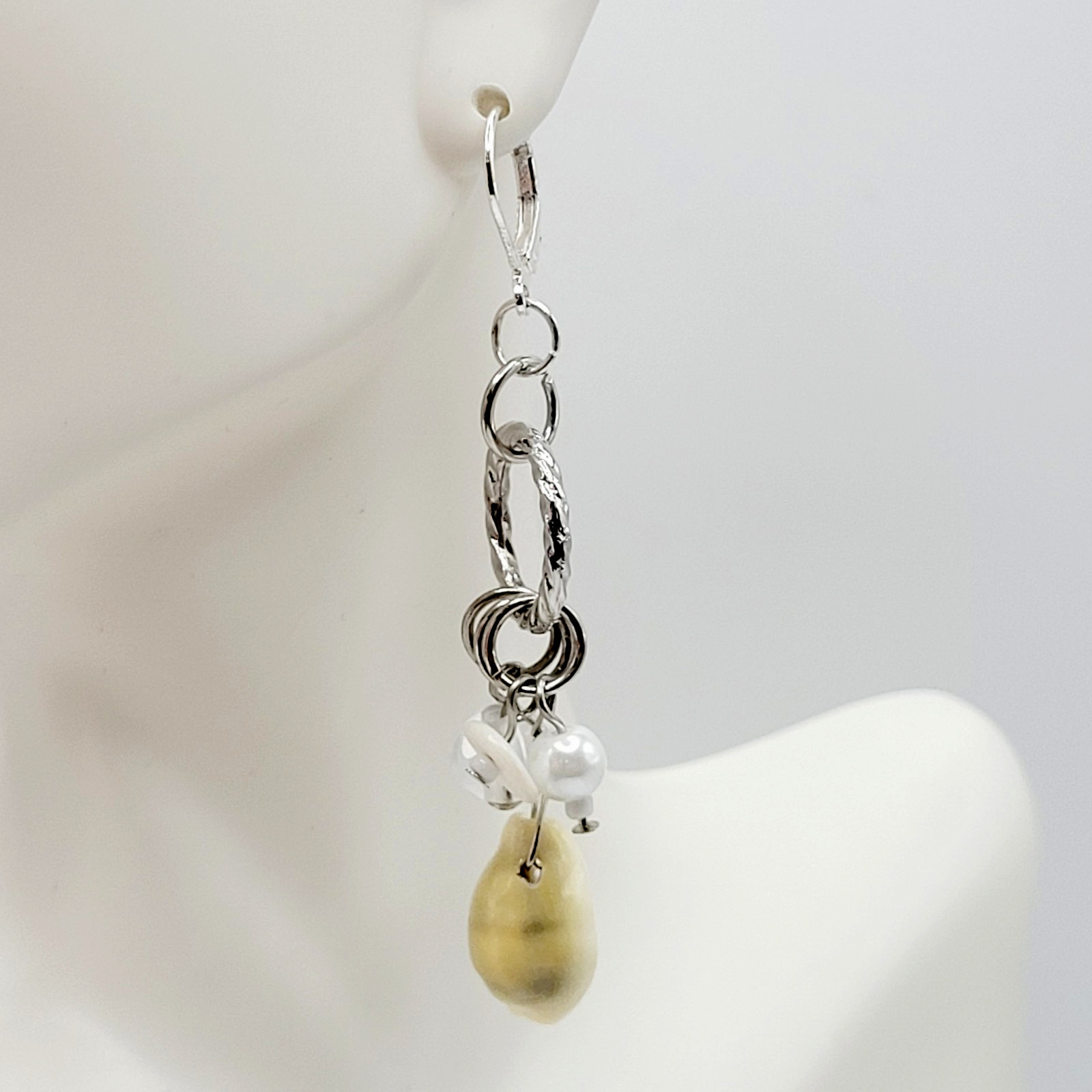 Handcrafted Boho Cowrie Shell Dangle Earrings Silver Tone Cluster Beaded Coastal