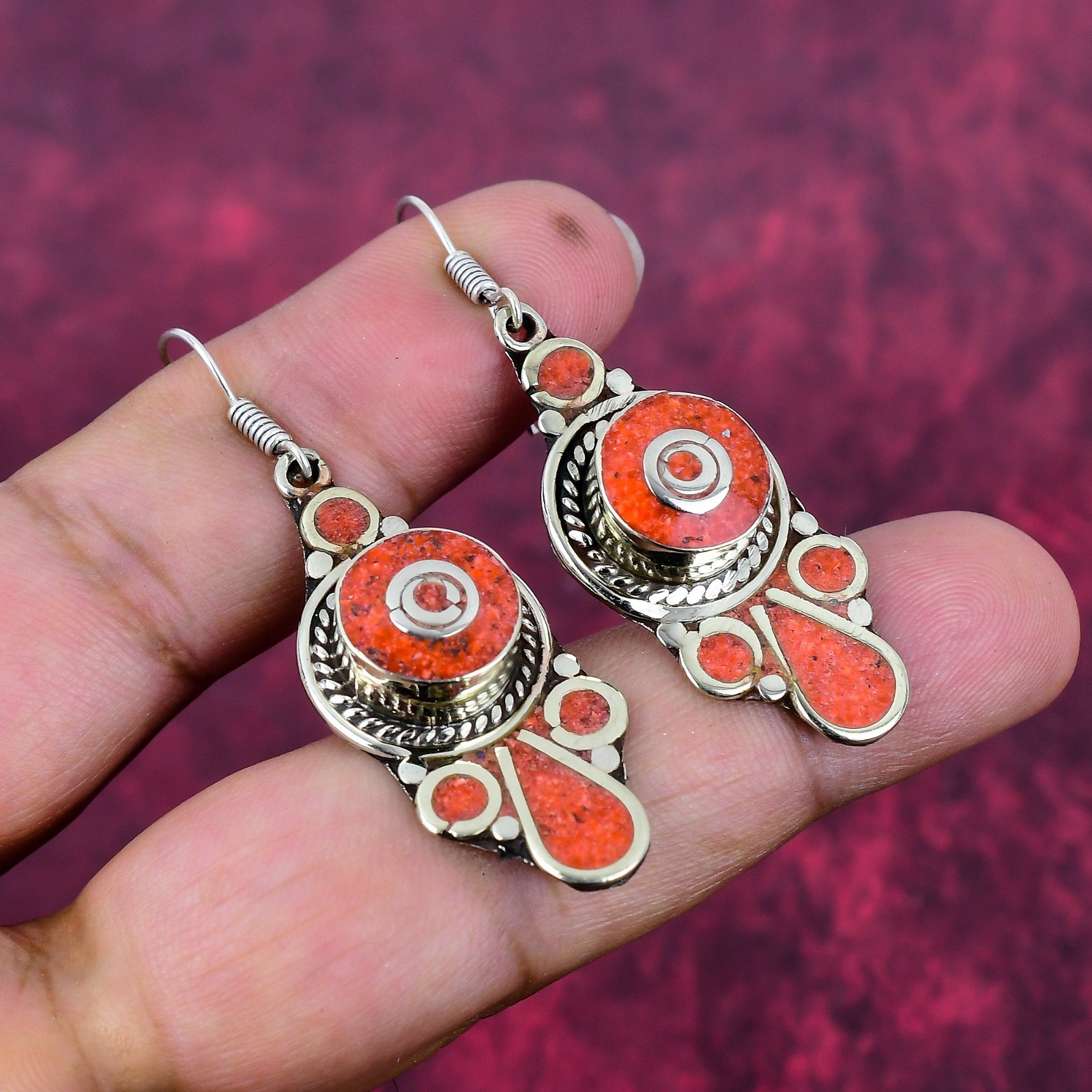 Beautiful Coral Gemstone Handmade 925 Sterling Silver Earrings Nepali Jewelry