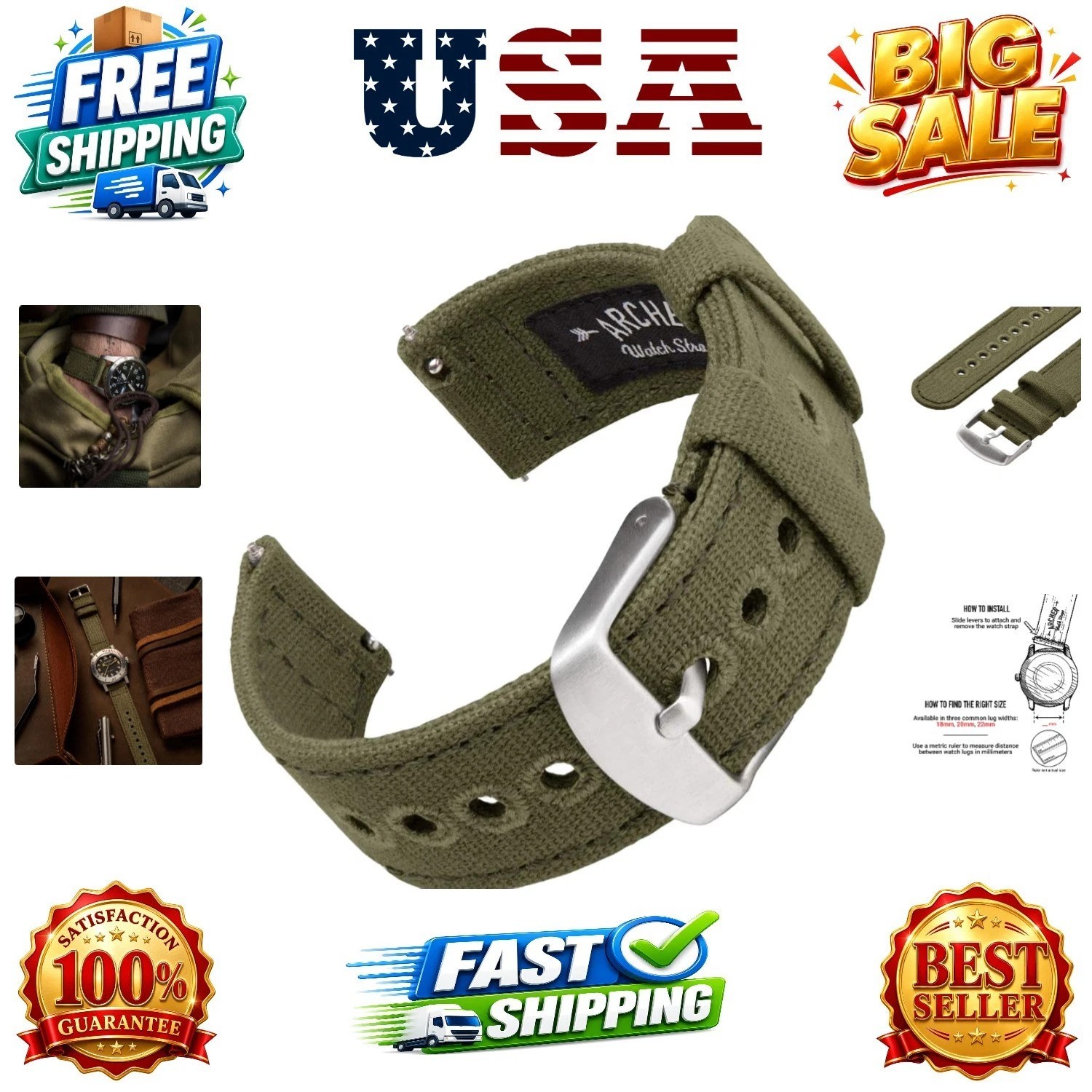 Canvas Quick Release Watch Bands Faded Olive, 22mm