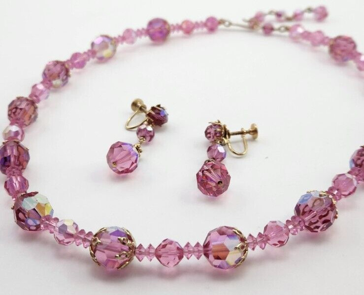 Vintage Gold Tone and Pink Glass AB Bead Necklace and Drop Earring Set 20.5 in