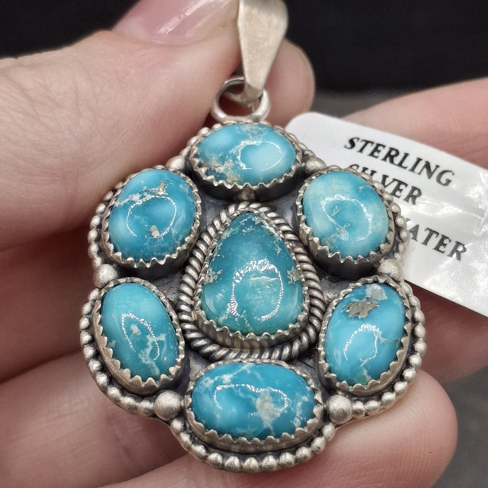 Larger White Water Turquoise Cluster Pendant Sterling Silver 925 Southwestern