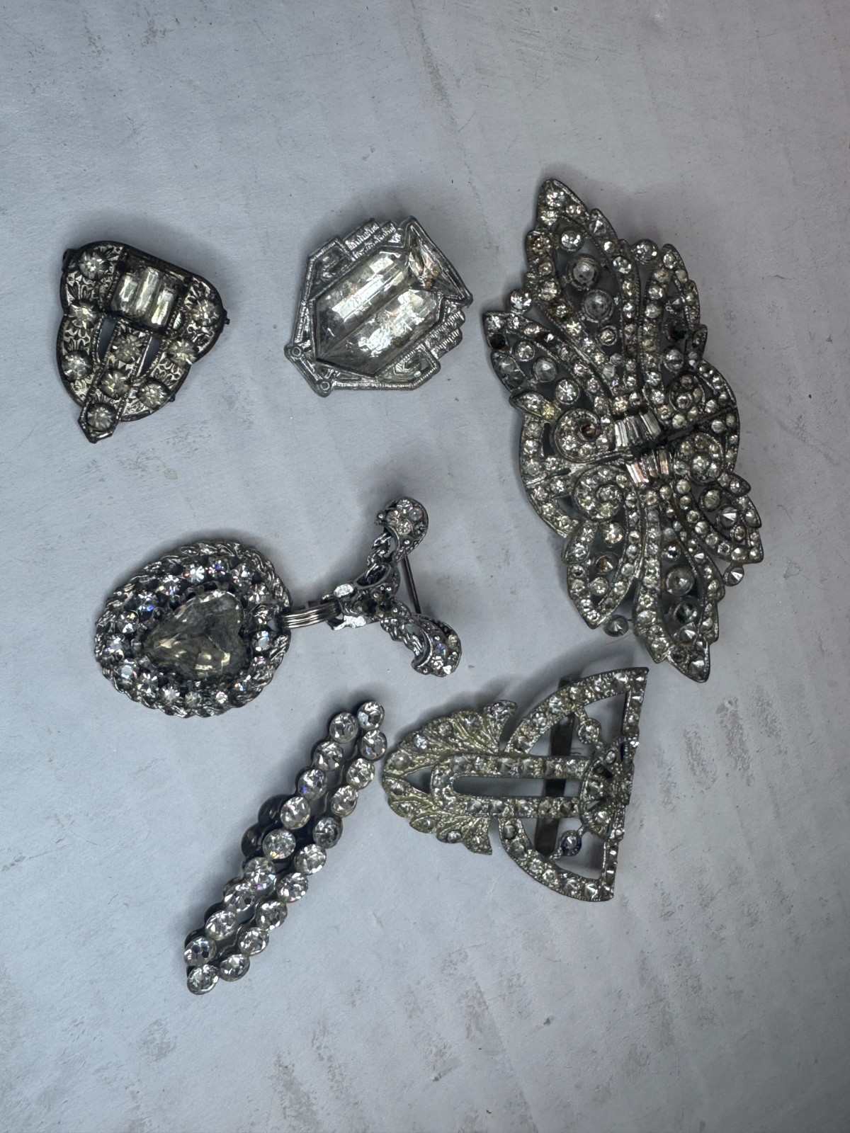 Vintage Art Deco Silver Tone Glass Rhinestone Pin Brooch Shoe Clip Plastic Lot