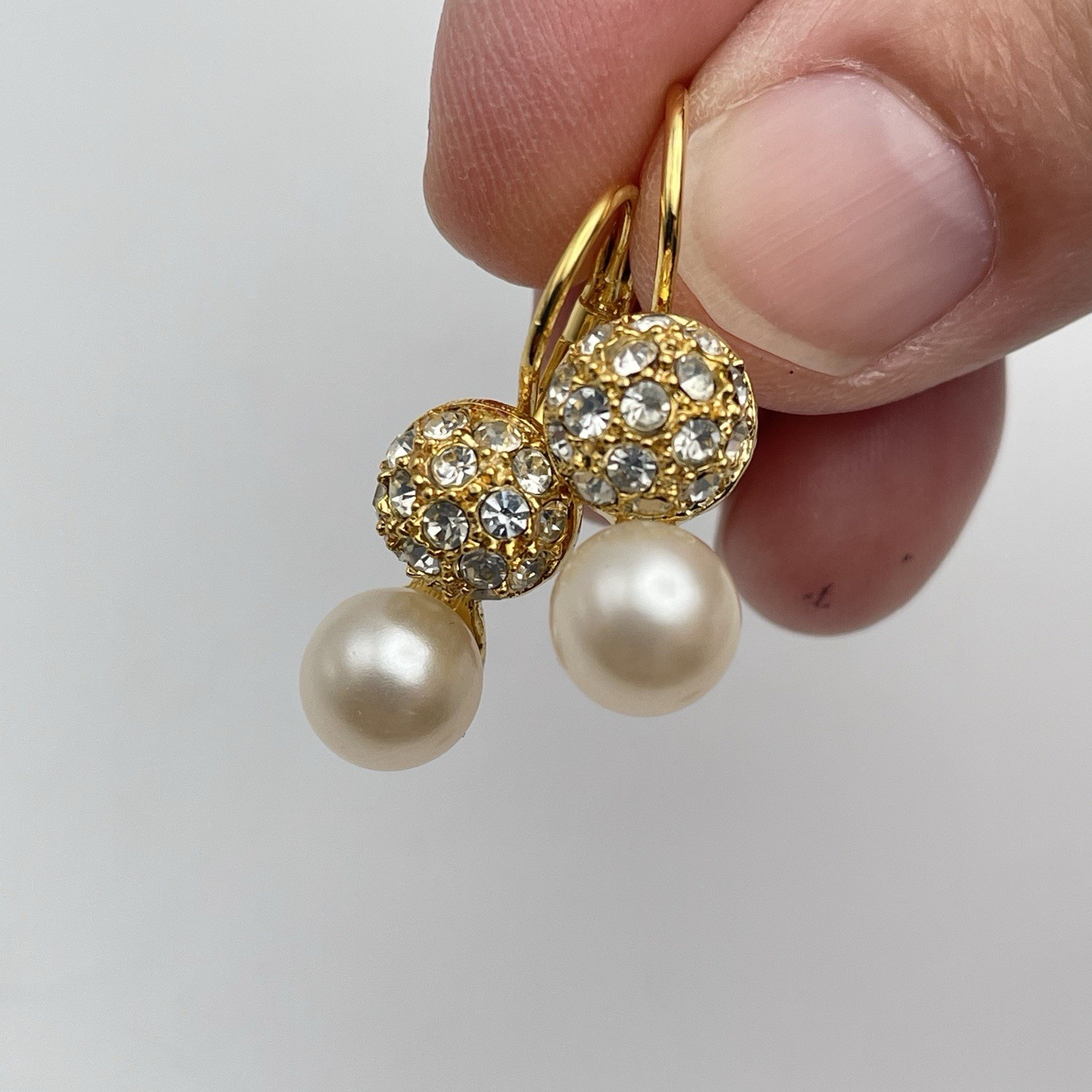 Bijoux Terne Pave Stud Faux Pearl Gold Tone Lever back Pierced Earrings NEW