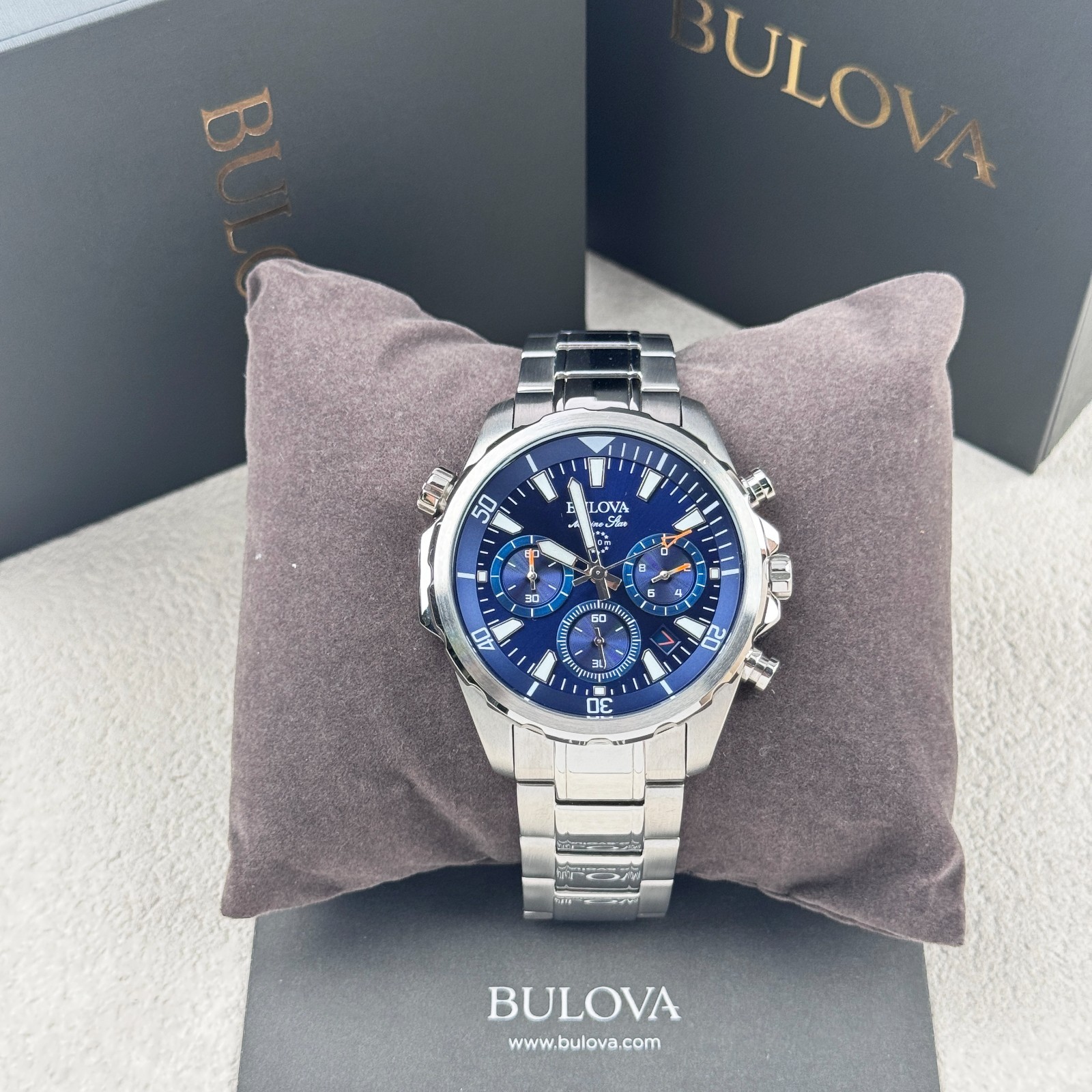 Bulova Marine Star 96B256 Blue Dial Stainless Steel Quartz Men’s Watch 43MM