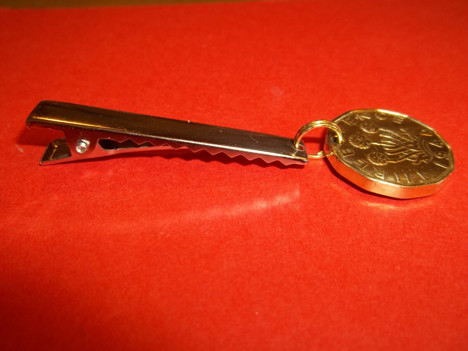 THREE PENNY BIT COIN – PENDANT NAPKIN CLIP – 1951 – 75th BIRTHDAY – RARE YEAR