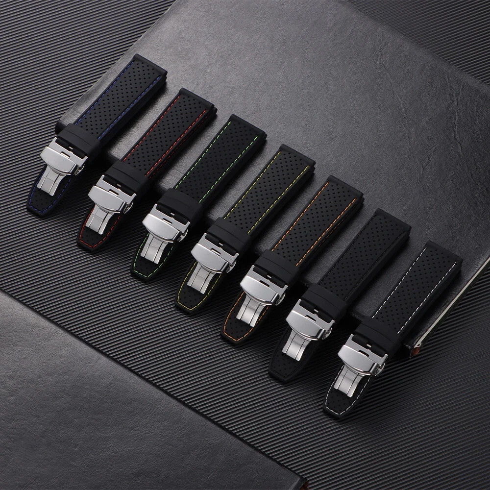 Silicone Breathable Sport Watch Band Strap 20mm 22mm Butterfly Clasp Bracelet