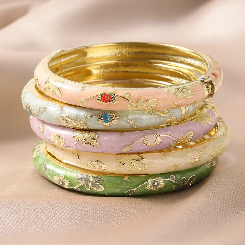 5PCS Fine Small Flower Cloisonne Enamel Bangles For Women Vintage Bohemian