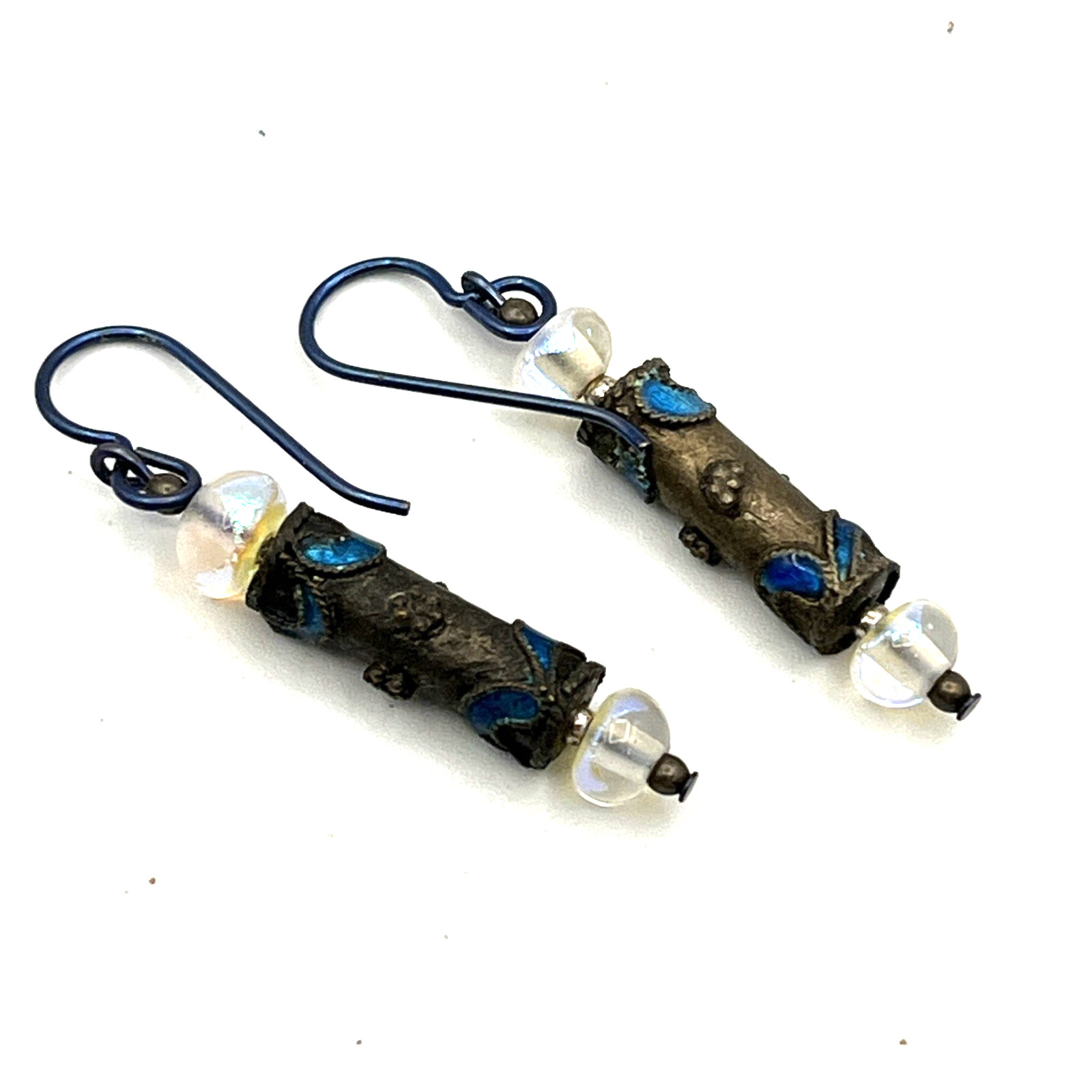 Vintage Chinese Export Blue Enamel Earrings 1.75″