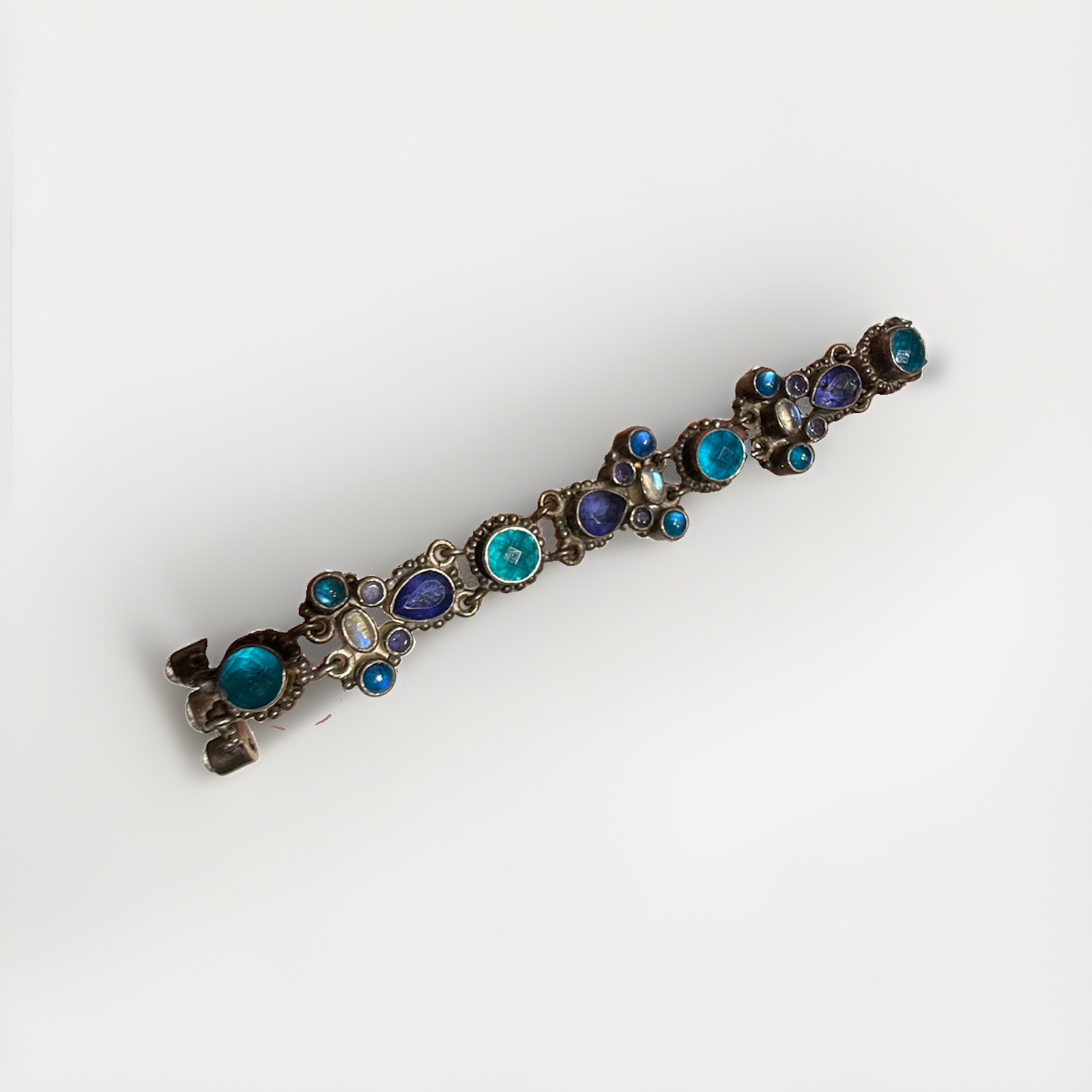 Sejan Sterling Silver Blue & Purple Quartz Bezel Set Cluster Link Bracelet 36g