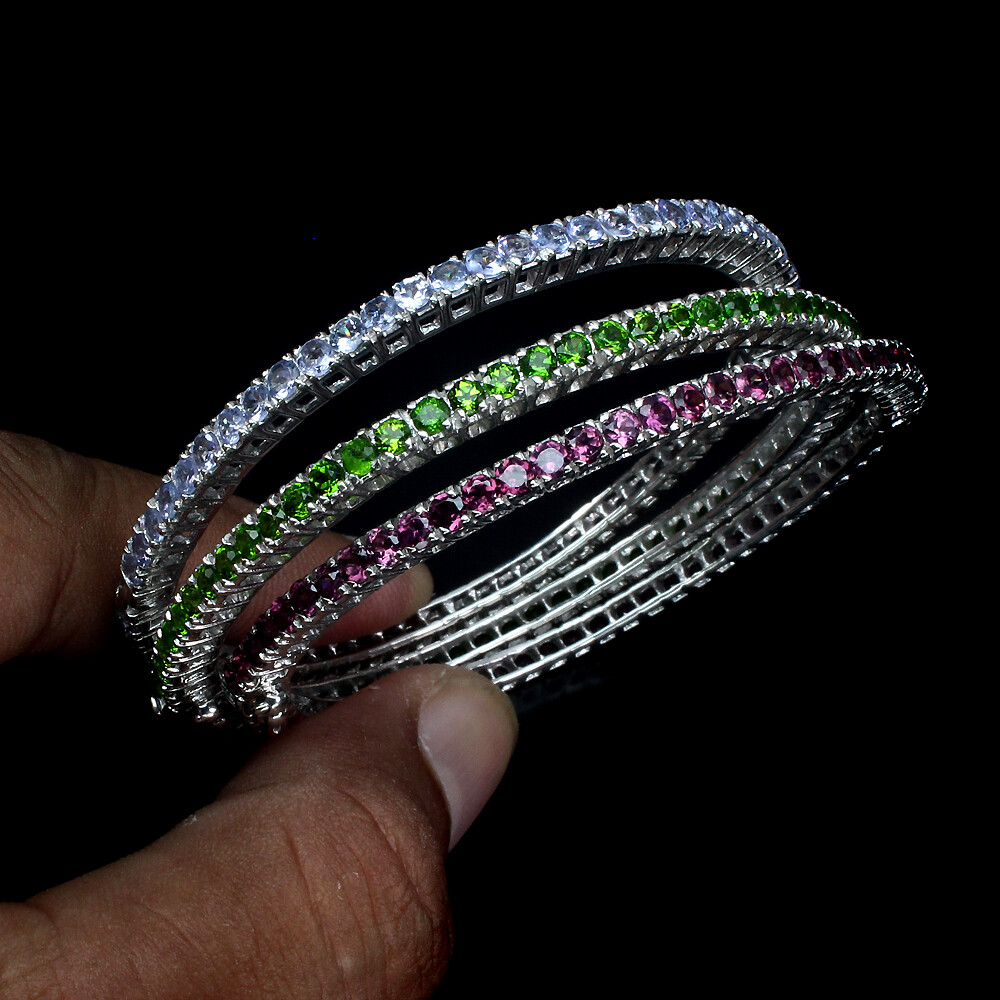 Round 2.5mm Rhodolite Chrome Diopside Tanzanite 925 Sterling Silver Bangle