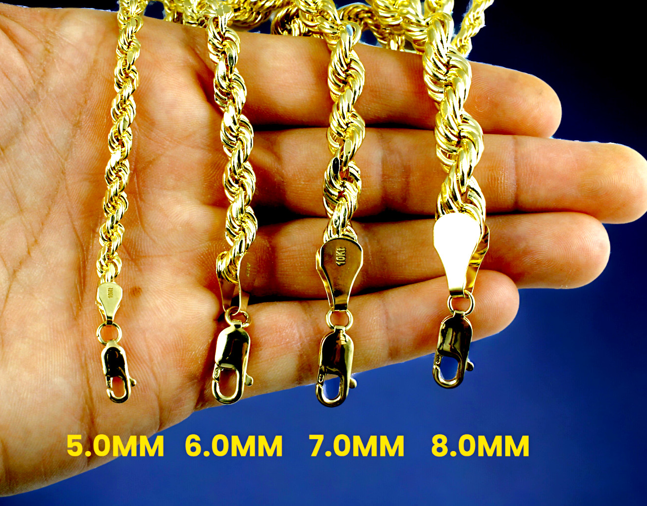 10K Yellow Gold Rope Necklace Chain Diamond Cut Real Gold 2mm-12mm 16″-30″