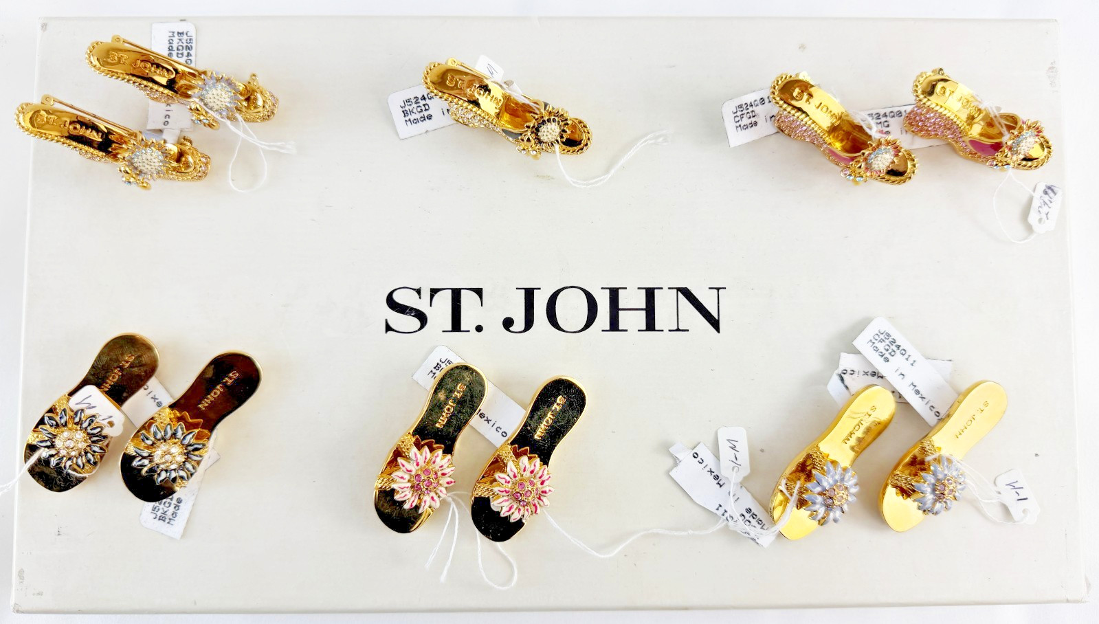 NWT ST. JOHN Shoe Brooch Wedge Pin Flower 24 KGP Black Multicolor Swarovski