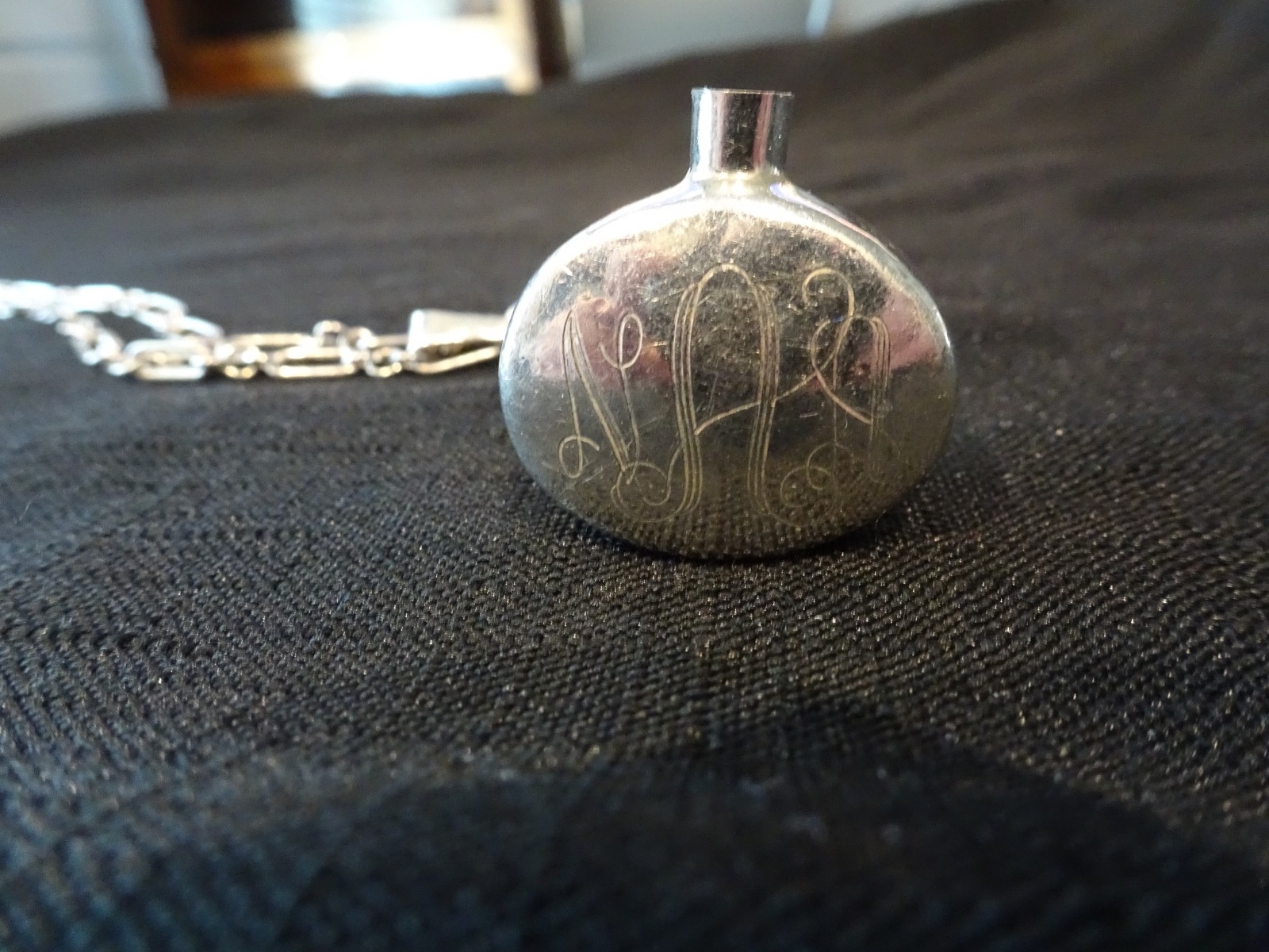#600–VINTAGE MEXICO STERLING SILVER PERFUME PENDANT WITH INITIALS AND CHAIN-925