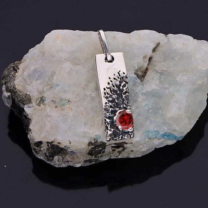 Natural Red Garnet Men Pendant 925 Silver Hammered Pendant Birthday Gift For Him