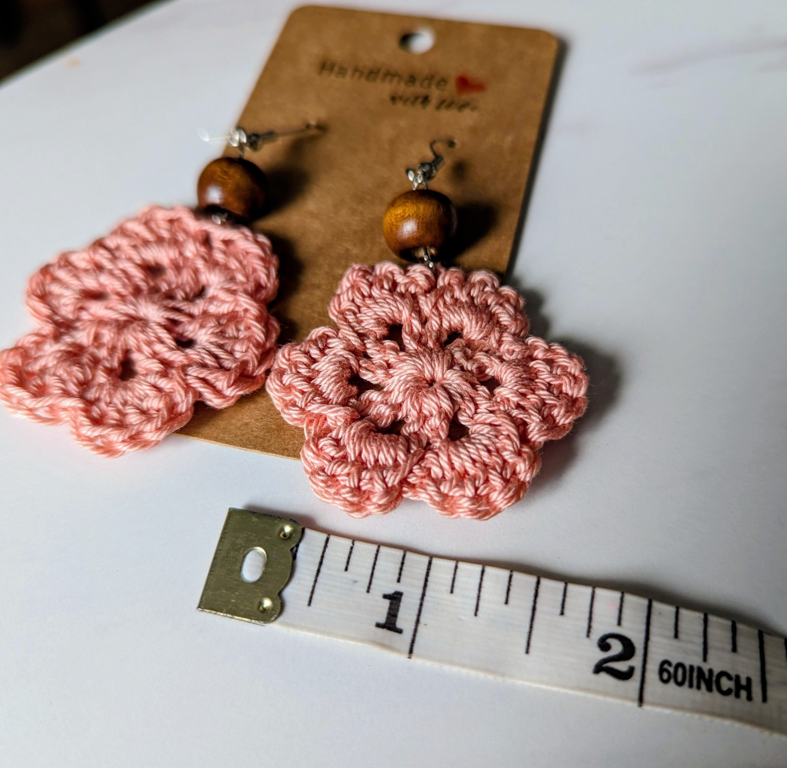 Handcrafted Pink Crochet Flower Dangle Earrings 1&1/2 In. Lightweight & Gorgeous