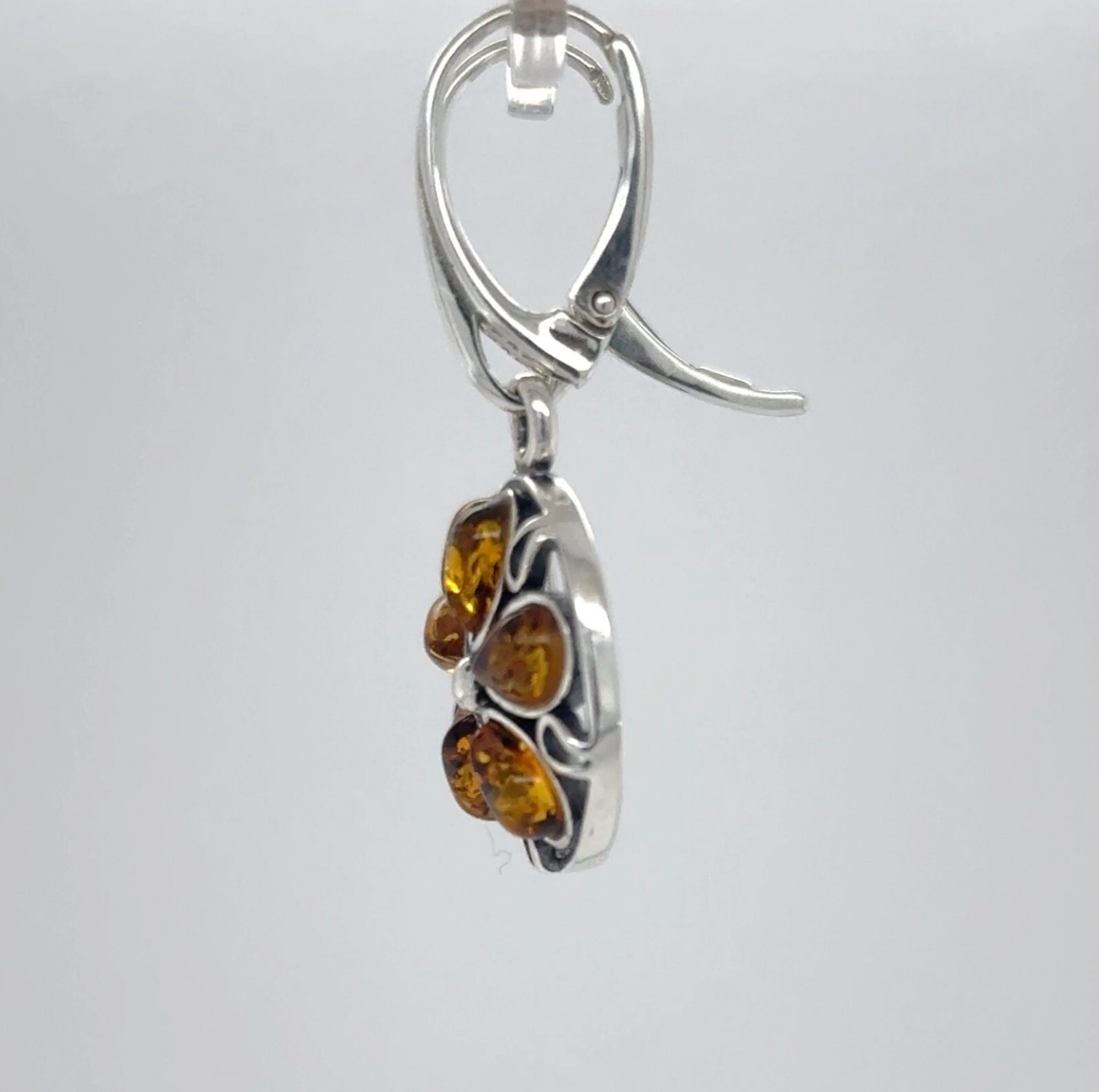 Cognac / Brown BALTIC AMBER Flower Leveback Earrings 925 STERLING SILVER #1666