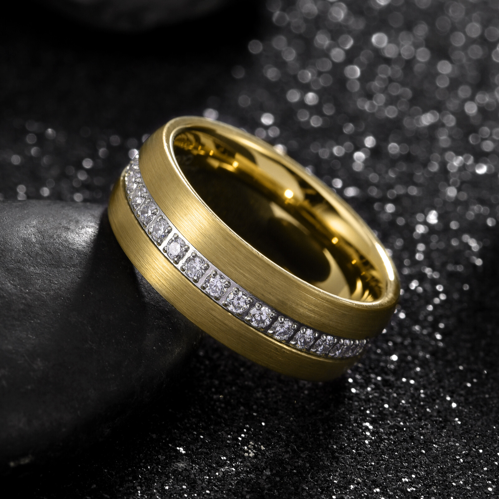 Dome Tungsten Ring w Eternity Cubic Zirconia in Diff Colors w/ Free Engraving