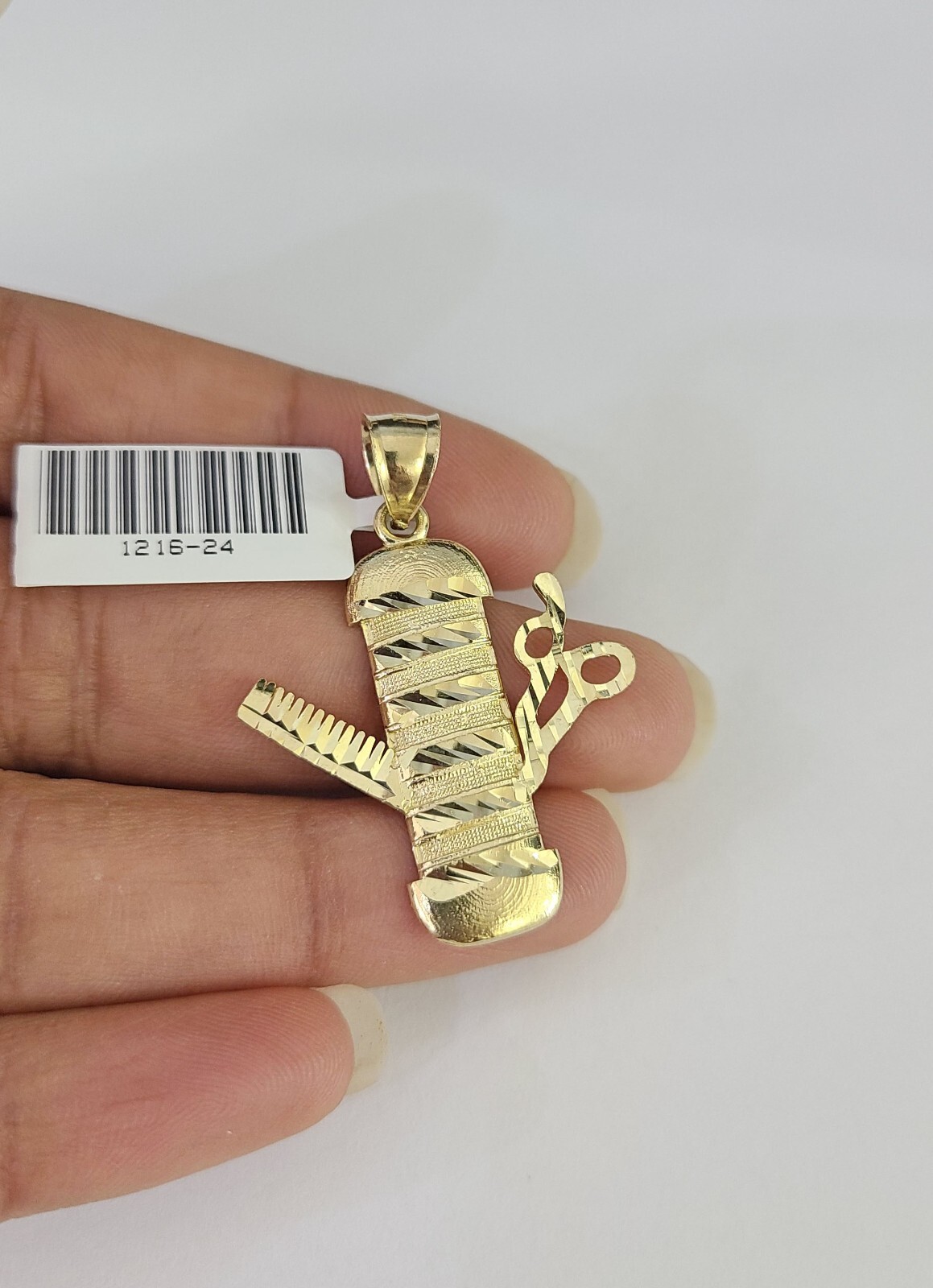 Real 10k Barber Scissors Comb Charm Pendant Yellow Gold Diamond Cut Salon