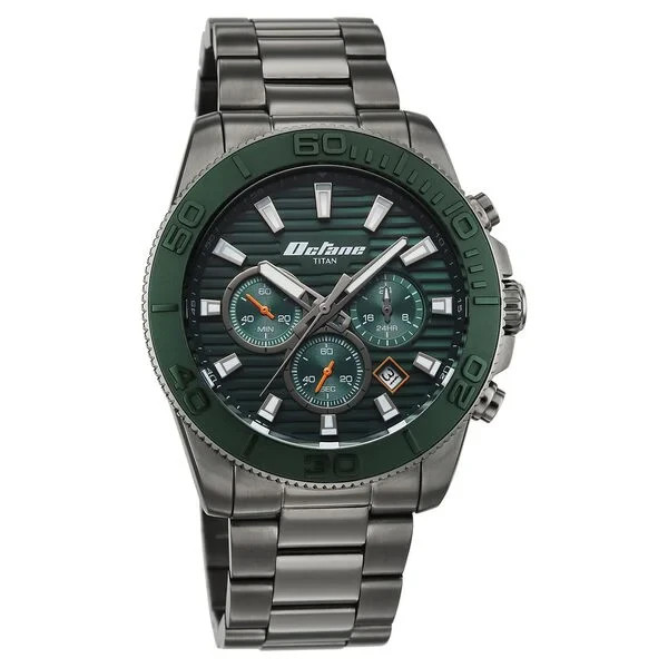Titan Octane Accendo Chronograph Green Dial Steel Men Watch 90239KM02 Quartz