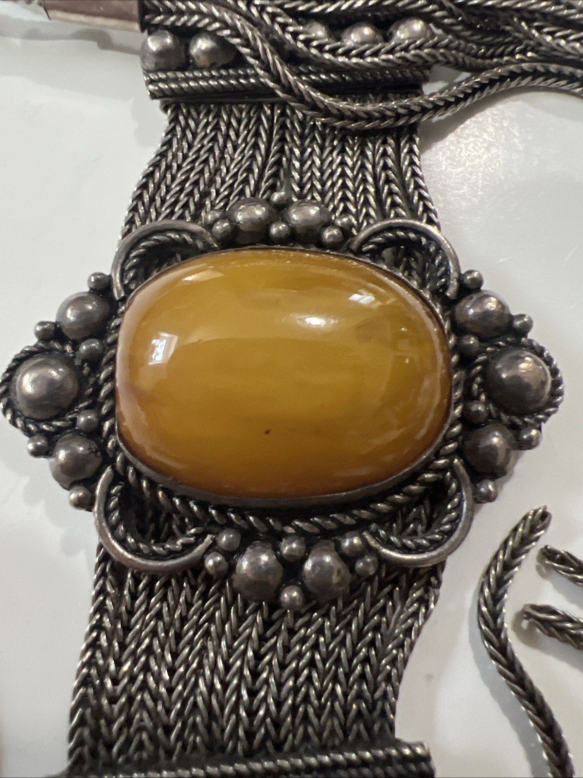 Sterling Silver 925 Honey Amber Multi Strand Foxtail Chain Tassel Necklace