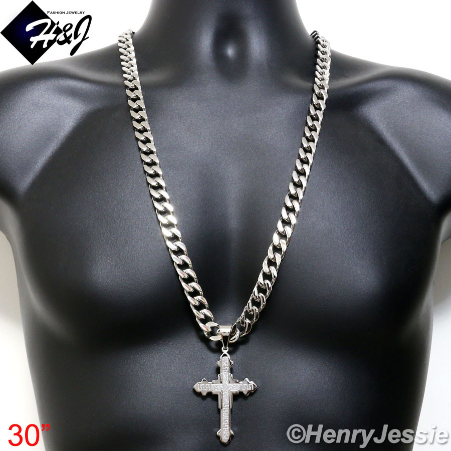 18-40″MEN Stainless Steel WIDE 11mm Silver Cuban Curb Necklace Cross Pendant*K20