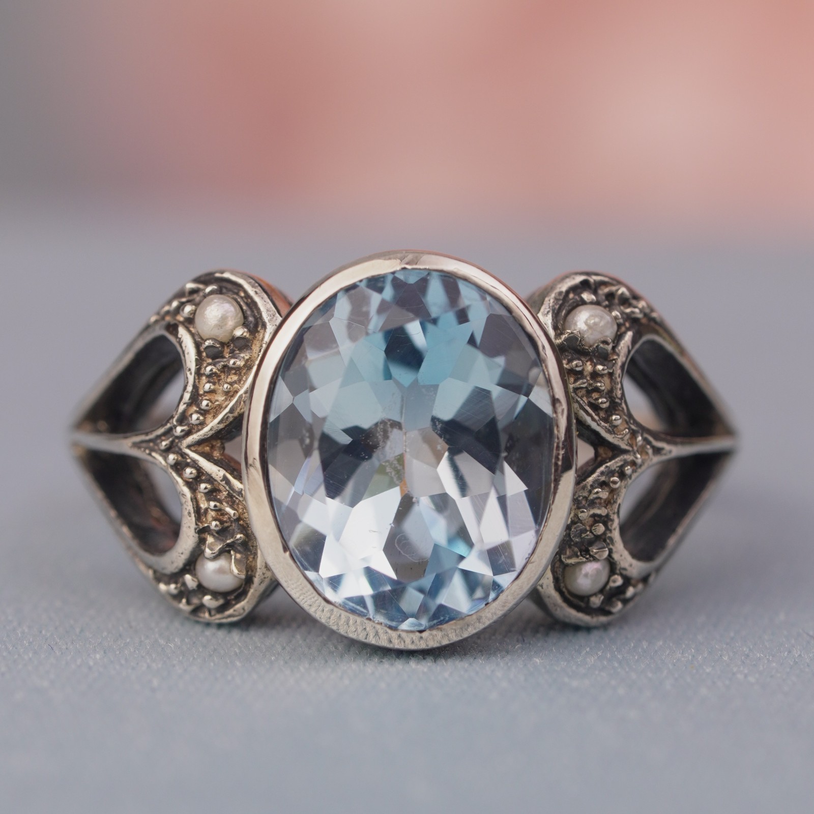 Silver925 Natural Blue Topaz Pearl Vintage Filigree Ring