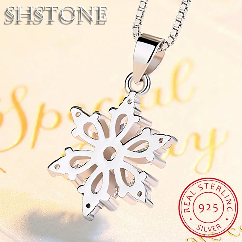 SHSTONE 925 Sterling Silver AAA Zircon Snowflake Pendant Necklace for Women