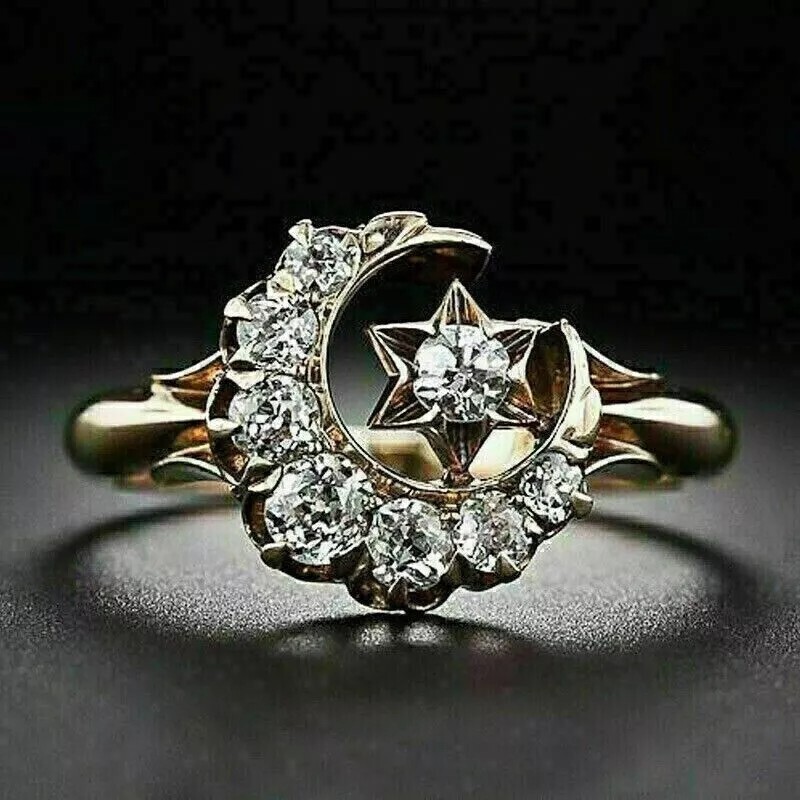 Moon Star Lab Created Diamond 925 Silver Engagement Retro Crescent Dainty Ring