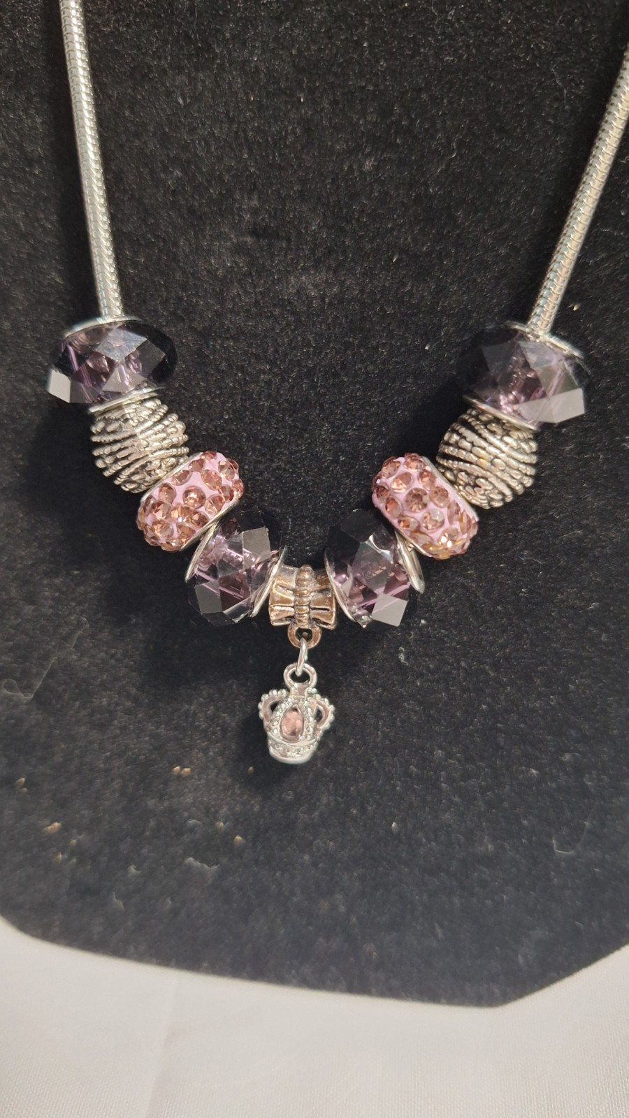 Silver Tone Purple Pink Crystal Rhinestone Heart Charm Pendant Snake Necklace