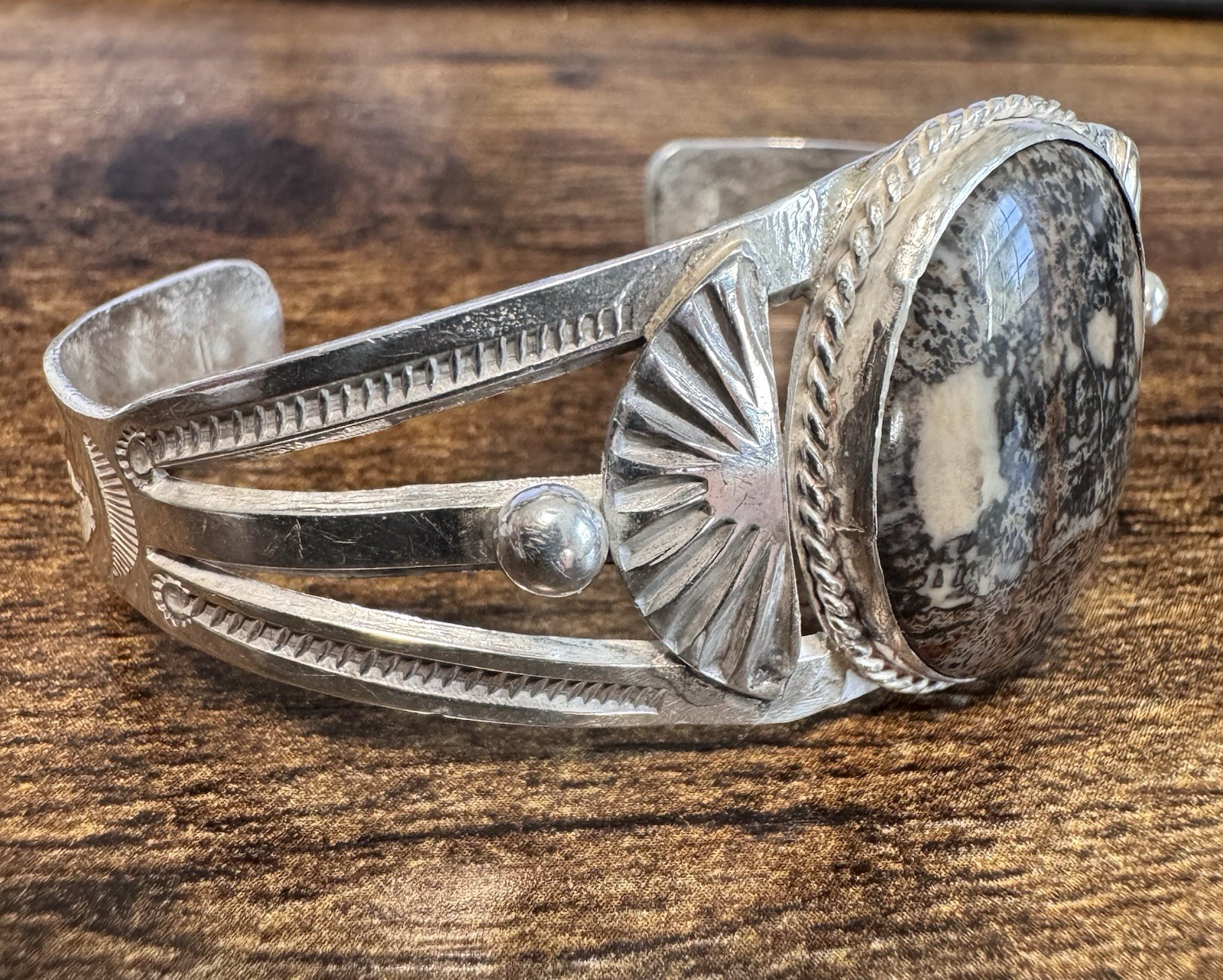 Sterling Silver Petrified Wood Cuff Bracelet – Vtg Southwestern Fred Harvey Era