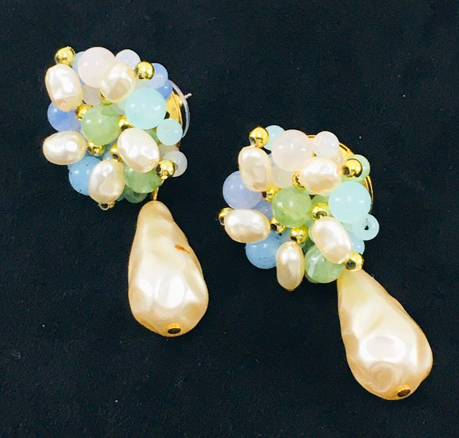 Pierced Earrings Faux Pearl Teardrop Dangling from a Pastel Bouquet Vintage