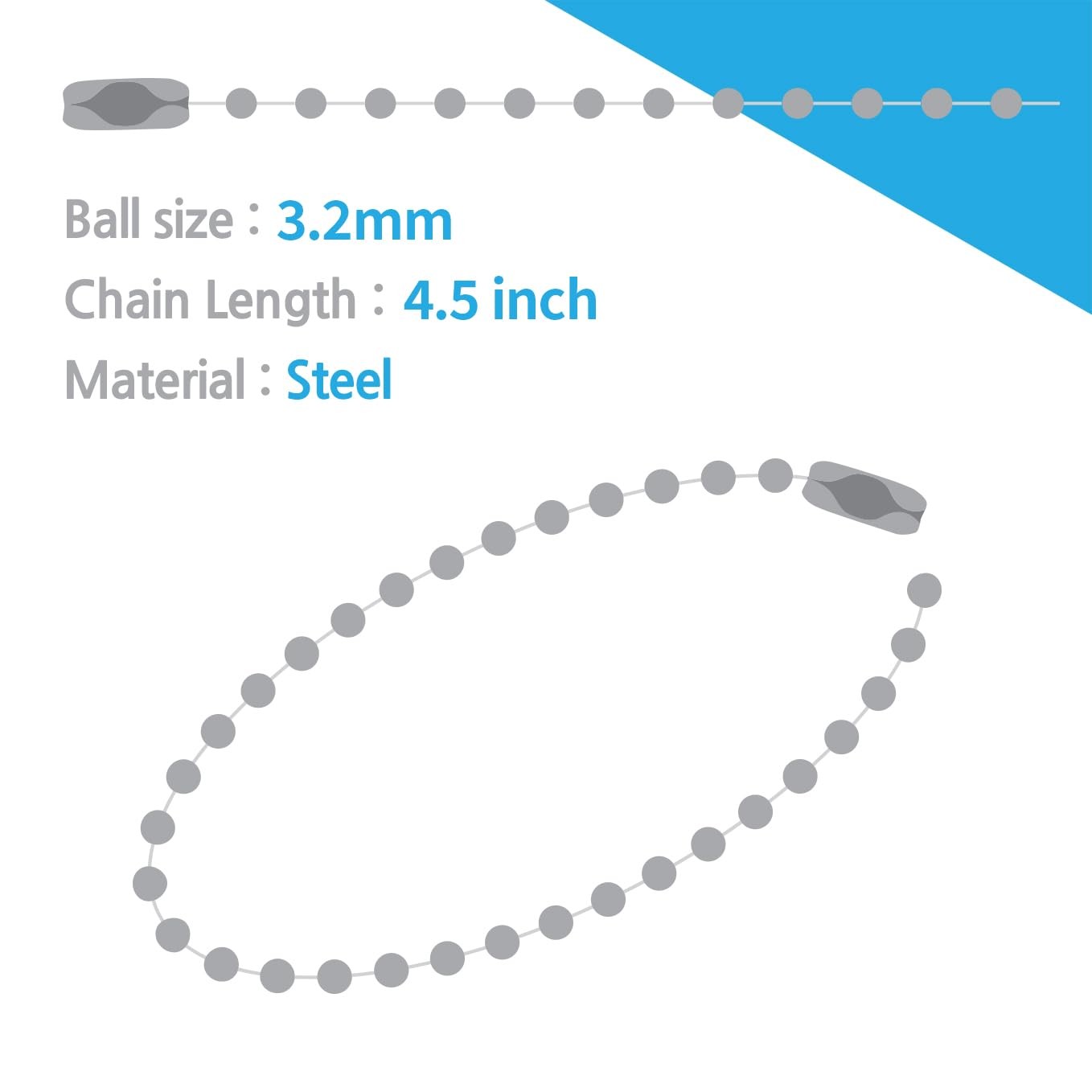50-Pack 4-Inch Ball Chains with Connectors, 3.2mm Stainless Steel Beaded Chain f