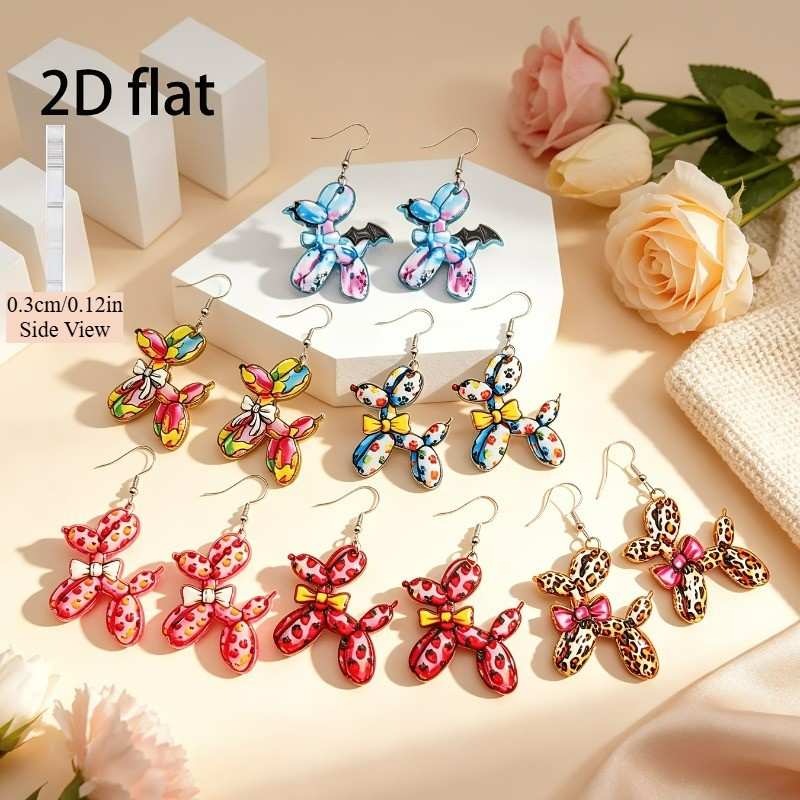 6 Pairs of Acrylic Colorful Printed Balloon Dog-shaped Bow Pendant Earrings