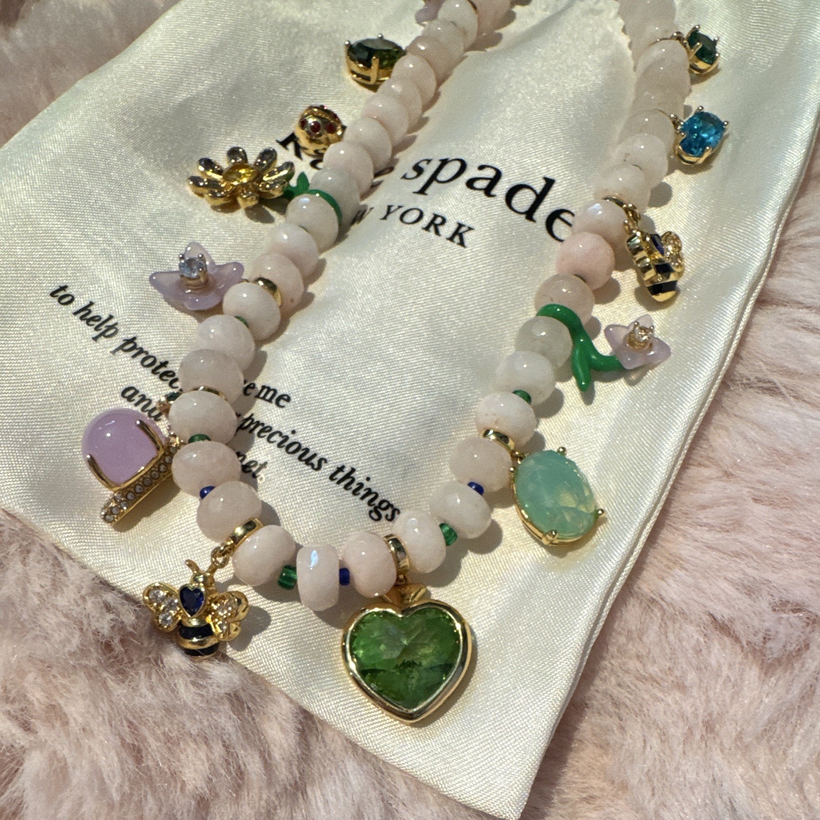 kate spade new york Pink Beaded Charm Necklace Green Heart Glass Pendant